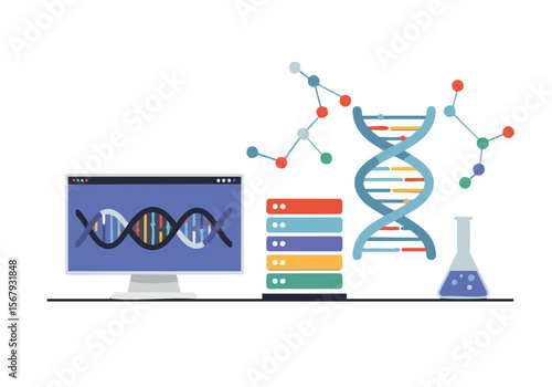 Modern graphic showcasing mRNA technology with DNA, a computer screen, and data stacks. Illustrates biotechnology and genetic research. Clean, professional design.