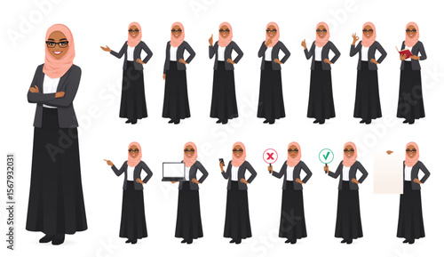 Beautiful business woman in hijab standing in different poses set. Isolated vector illustration set