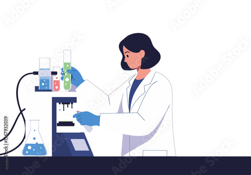 A female scientist meticulously operates laboratory equipment, focused on research. Clean, modern lab setting.  Illustrative style.