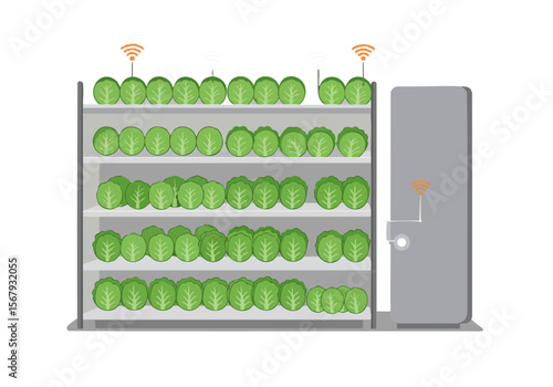 stylized illustration showcases an automated lettuce farm with IoT connectivity Rows of leafy greens are monitored and controlled highlighting smart agriculture and data integration Modern 