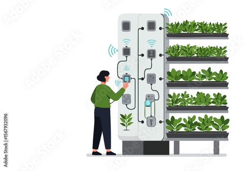 A woman monitors an automated hydroponic herb system. Modern technology meets sustainable agriculture. Clean, bright, and visually appealing for business or lifestyle concepts.