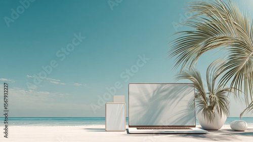 Tropical digital nomad workspace with laptop and device on serene beach setting