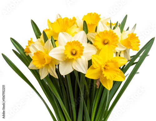 Romantic Daffodil Flower Bouquet with Spring Greenery, isolated on a transparent background.