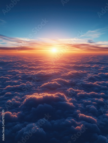 Dramatic sunrise above the clouds with colorful sunlight and glowing atmosphere

