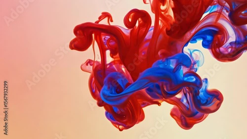Red and blue ink drops mix and blend creating vibrant color explosion with swirling patterns as pigments disperse and merge forming dynamic abstract shapes underwater
