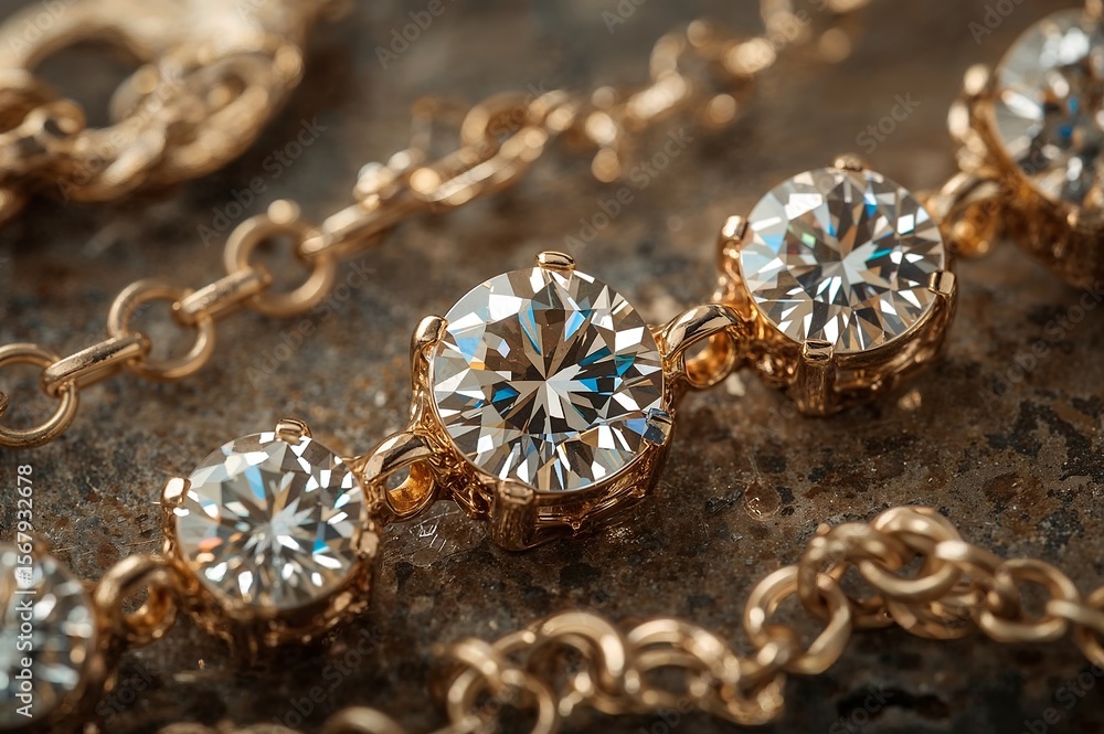 Close up of a gold chain bracelet with diamonds on a textured surface in a macro photograph Close up of a gold chain bracelet with diamonds on a textured surface in a macro photograph