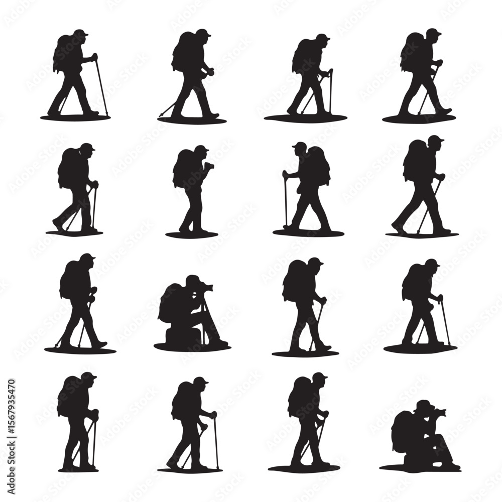 Obraz premium Hikers with backpacks and walking sticks and a photographer with a camera vector