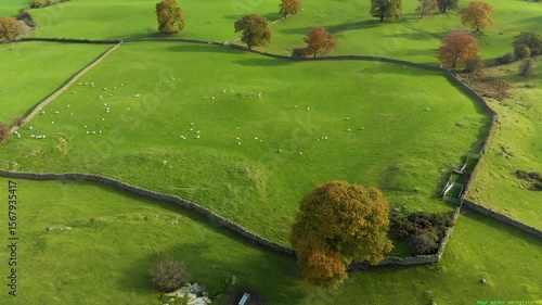 Aerial autumn view of endless lush pastures and farmlands of England. Beautiful English countryside with emerald green fields and meadows. Rural landscape on sunset. United Kingdom.