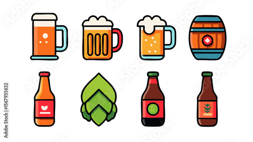 Beer vector illustration set with beer mugs beer bottles beer barrel and hops on a teal background