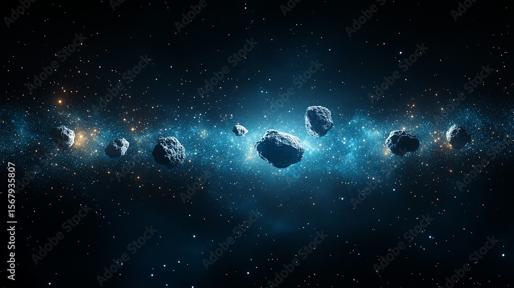 Fototapeta premium Asteroid Belt in Outer Space with Glowing Stars and Cosmic Beauty
