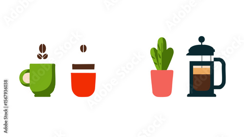 Coffee cups french press plant illustration coffee beans espresso latte cappuccino mocha brew cafe