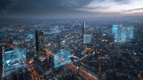 Wallpaper Mural Futuristic smart city with holographic digital interface showing IoT connections and data network Torontodigital.ca