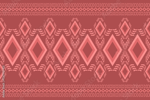 Geometric diamond pattern with tribal elements in shades of pink on a muted red background