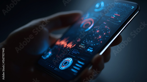 Hand interacting with futuristic holographic smartphone UI showing global data and analytics charts