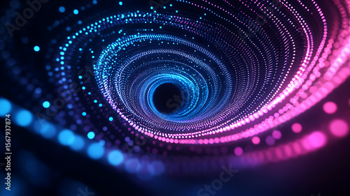 Glowing abstract wave with purple and pink particles on dark background, futuristic tech motion