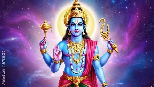 Vibrant depiction of Lord Vishnu against a cosmic backdrop