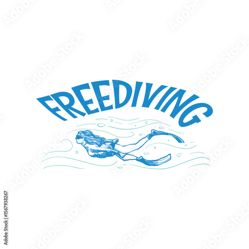 Illustration of female Scuba Diver freediving underwater stream swim forward. Art poster print content