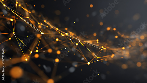 Abstract golden particle wave with connected lines and dots on dark background, tech network concept