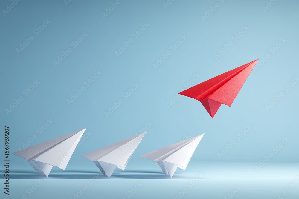 Naklejka premium Red paper airplane leads a group of white planes, representing leadership and unique business approaches.