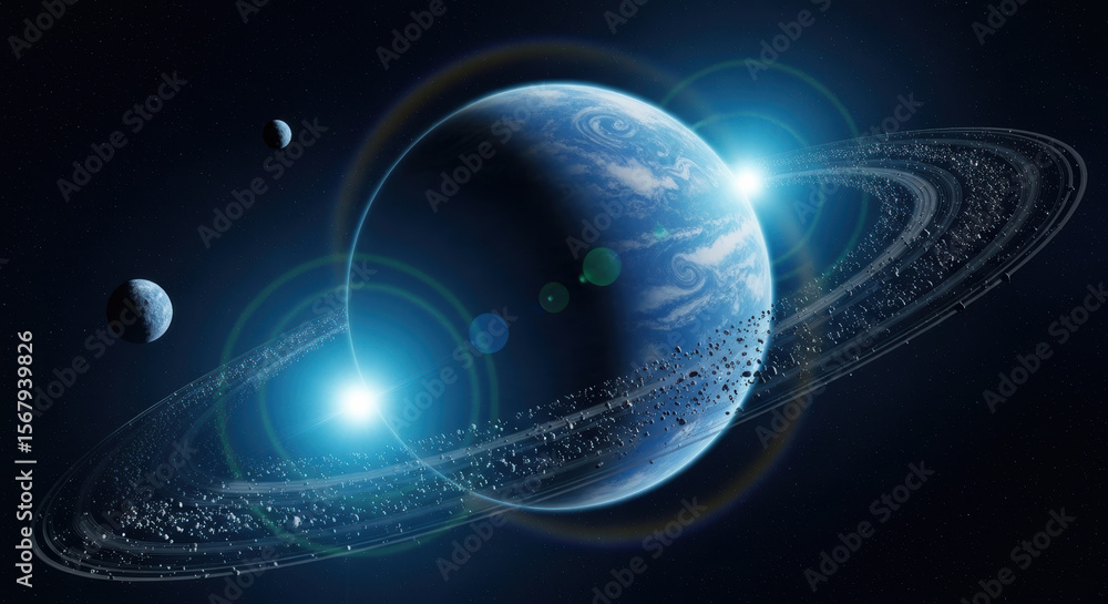Fototapeta premium A blue planet with rings and two moons in a dark space with bright light and stars in the background