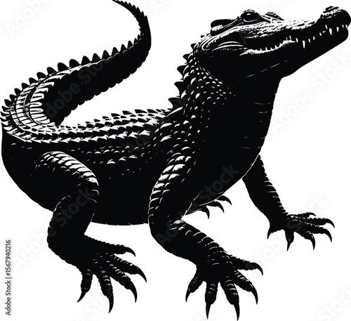 Striking crocodile vector illustration, black & white reptile art on isolated white background