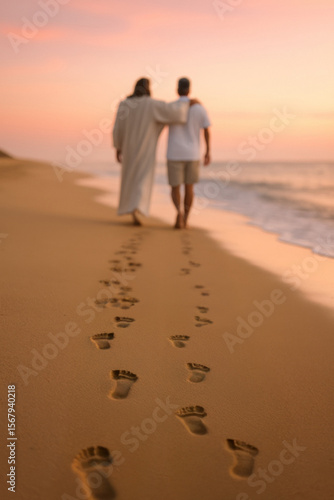 Footsteps in the Sand with Jesus Offering Guidance and Friendship