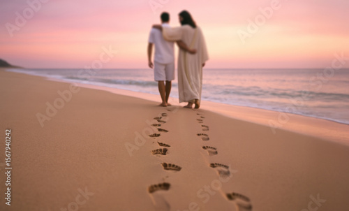 Jesus Walking Along the Beach with a Friend at Sunset