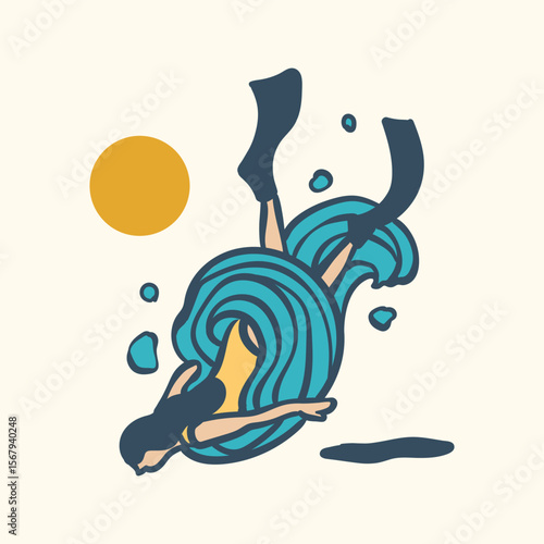 Illustration of female Scuba Diver freediving underwater around artistic water swim heading to bottom. Scandinavian boho style poster 