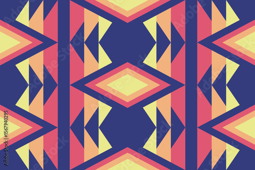 Geometric pattern featuring abstract shapes and tribal inspired motifs in a color palette of yellow orange pink and blue