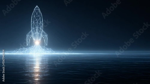 Abstract digital rocket launching over a dark water surface