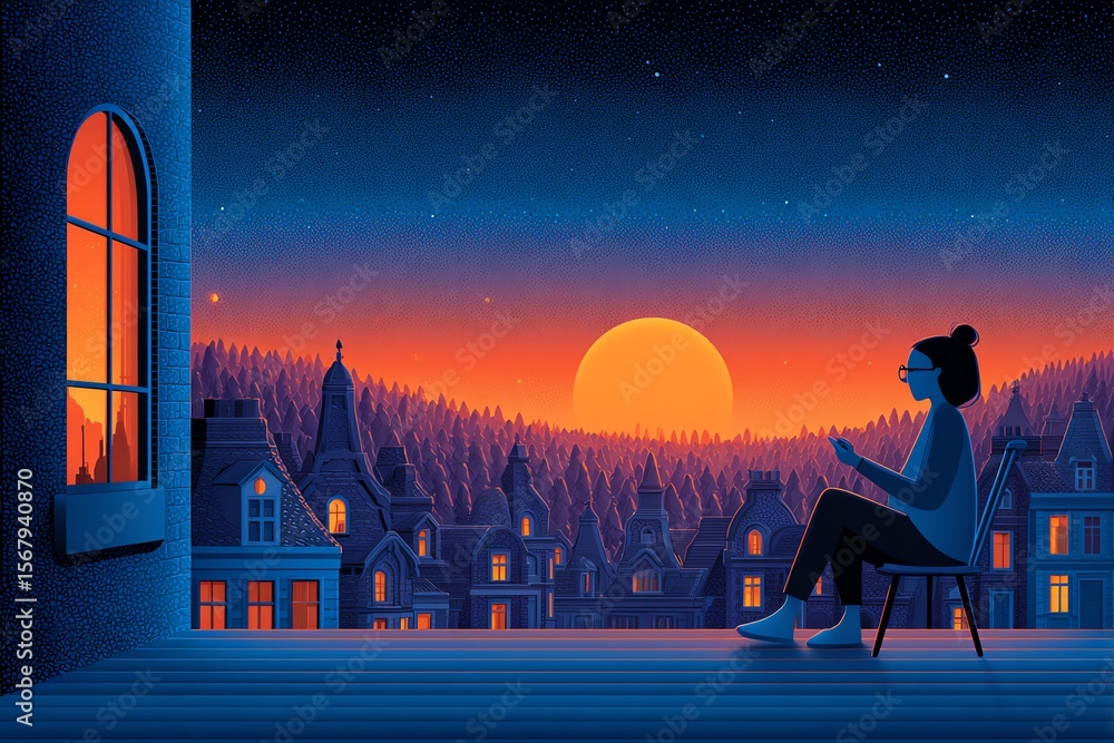Naklejka premium Serene evening view with sunset and cityscape.
