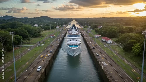 Aerial View of Cruise Ship Transiting the Panama Canal at Dusk, Tropical Landscape