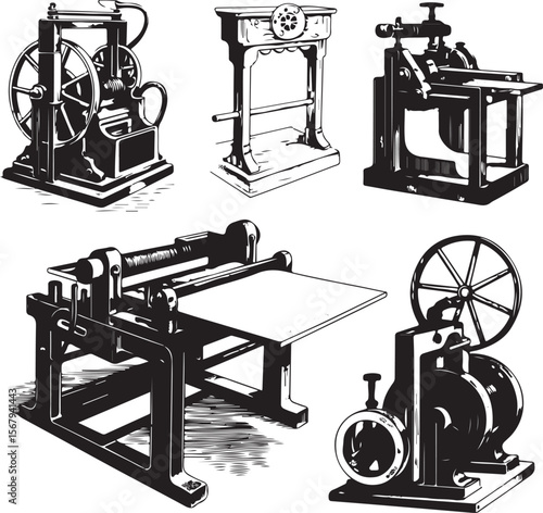 vintage industrial machinery set, black and white vector illustration of antique mechanical equipment used in printing, engineering, and textile production