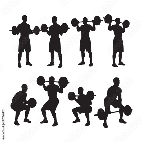Male weightlifters performing various exercises with barbells weightlifting fitness