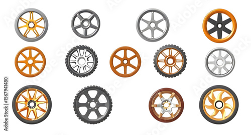 Set of wheels, Collection of wheels, Car wheels set, Wheel icons, Tire set, Wheels assortment, Spoked wheels, Alloy wheels set, Bicycle wheels, Truck wheels set, Vehicle wheels, Wheel pack, Rolling wh