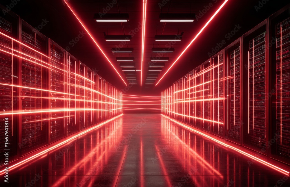 Fototapeta premium The server room is equipped with a modern data center, complete with rows of servers, black cabinets, and red glowing lights, all of which contribute to its advanced technology and digital