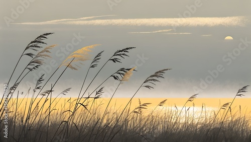Serene Sunset Over Coastal Grasses