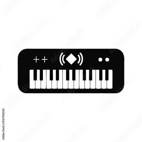 Stylized monochrome illustration of a synthesizer keyboard with simplified elements