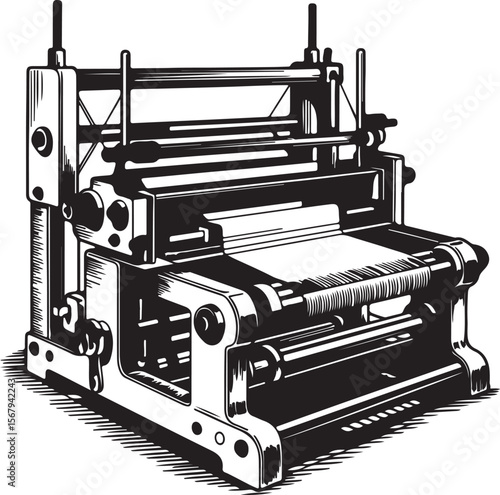  vintage printing press machine in black and white vector style, retro industrial equipment for paper processing and publishing