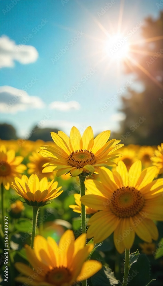 Fototapeta premium Sunlit Orange Flowers A Joyful Scene of Vibrant Colors Evoking Happiness and Positive Emotions, Ideal for Websites, Blogs, and Social Media