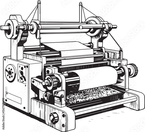 vintage textile weaving machine silhouette, detailed black vector illustration of industrial fabric loom with overhead light