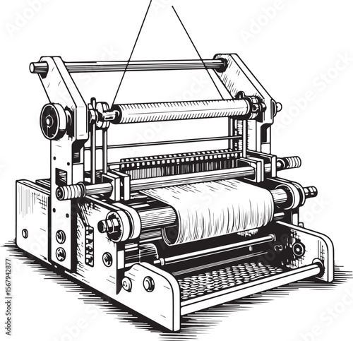 vintage textile weaving machine silhouette, detailed black vector illustration of industrial fabric loom with overhead light