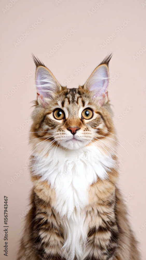 Obraz premium Fluffy Maine Coon or tabby cat posing calmly on beige backdrop with long fur coat