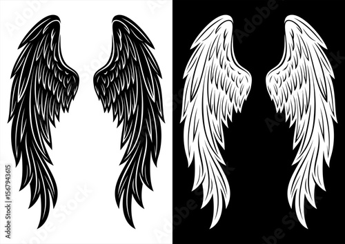 Elegant Angel Wings Vector – Black and White Line Art