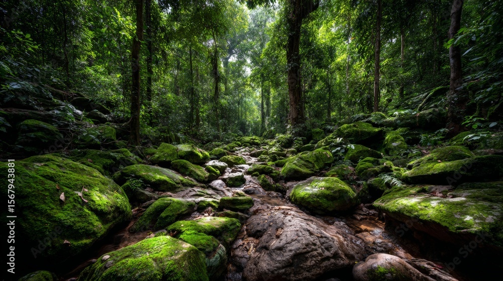 Naklejka premium Tranquil Forest Landscape with Lush Greenery and Rocks