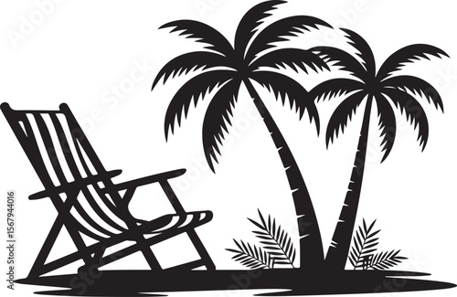 tropical beach silhouette with palm trees and deck chair, relaxing island scene in black vector style