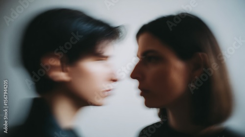 Two gender-neutral silhouettes facing each other with a single androgynous face in sharp focus, representing fluid identity and diversity concepts.