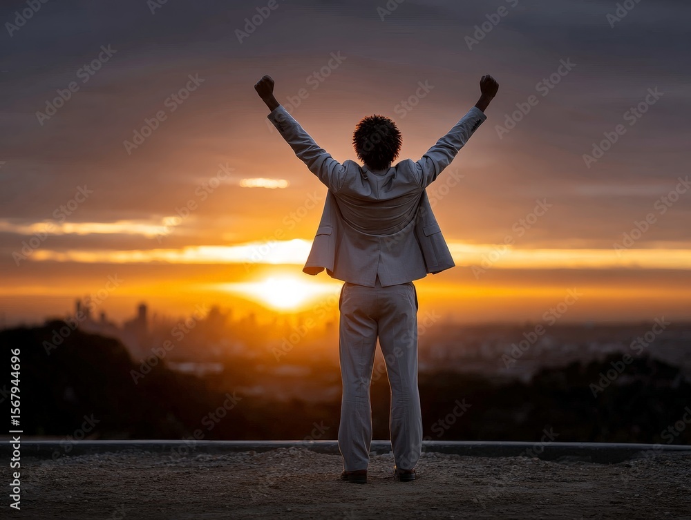 Fototapeta premium Businessman Standing Victoriously on Rooftop Edge at Sunset