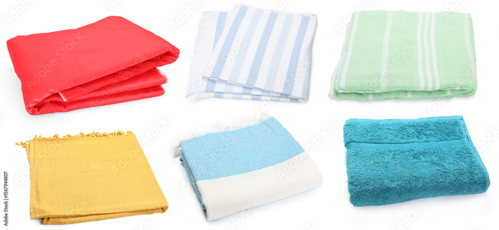 Fototapeta premium Different beach towels on white background, set