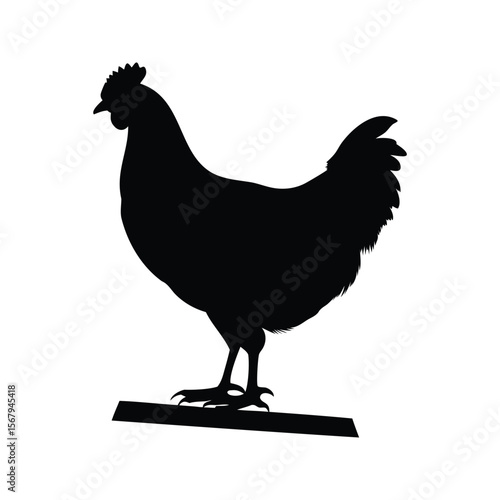 Silhouette of a chicken standing on a wooden support against white background
